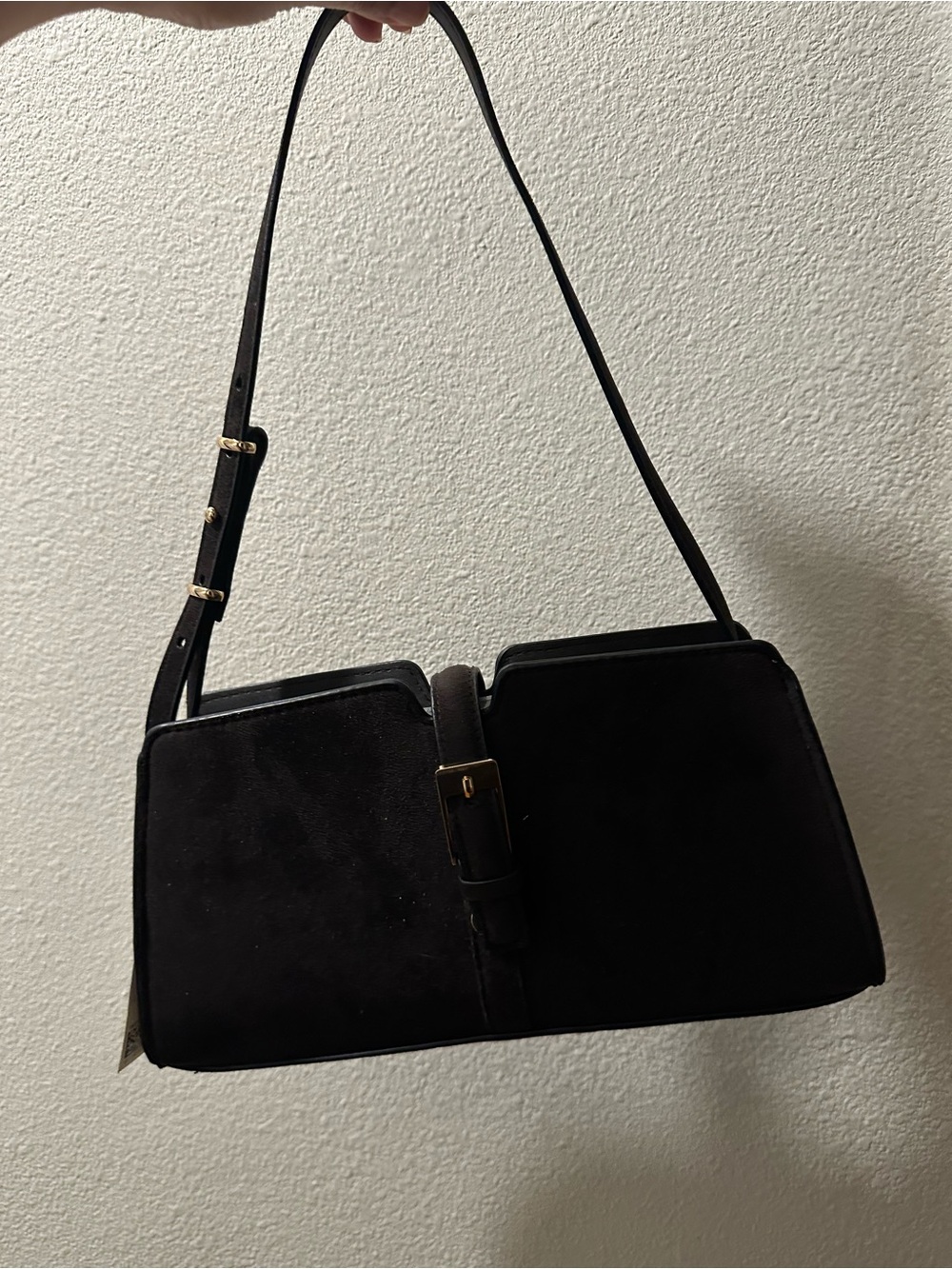 H&M Black Suede Shoulder Bag with Buckle Detail